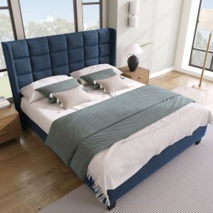 Lit adulte 140x200 cm lit double rembourré avec tête de lit capitonnée et sommier à lattes en bois, tissu en lin, bleu, sans matelas