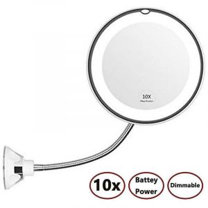 Miroir de maquillage éclairé par LED grossissant 10x flexible, miroir de vanité grossissant de salle de bain avec ventouse, pivotant à 360 degrés