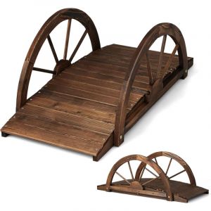 Pont de Jardin Ext&eacute;rieur en Bois avec Garde-Corps &agrave; Demi-Roue Charge 75KG, Pont d'&Eacute;tang R&eacute;sistante aux Intemp&eacute;ries, D&eacute;coration de Jardin pour Cour