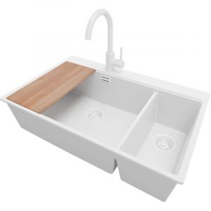 Primagran - Evier Cuisine en Granit 78x50cm, Lavabo 2 bacs + Kit de Vidage + Accessoire, Évier à Encastrer au meuble 80cm - Oslo Duo, Tout Blanc