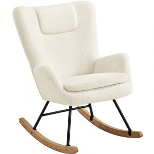 Yaheetech Fauteuil à Bascule Scandinave en Tissu Bouclé Rocking Chair à Haut Dossier Fauteuil Allaitement avec Pieds en Bois Massif Chaise d'appoint