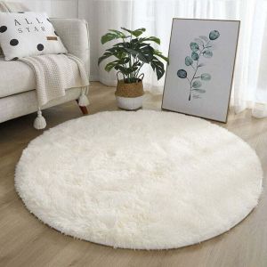 120cm Tapis Rond Chambre Tapis Salon Anti Slip Doux Moelleux Tapis Shaggy Tapis de Sol Grand pour Couloir Blanc