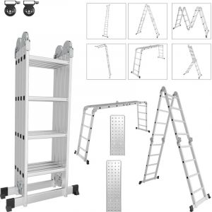 Wolketon 7 in 1 Echelle pliante articul&eacute;e 4x4 marches, echafaudage multifonction, ecarteur de mur, escabeau, 2 plaques plateforme de travail