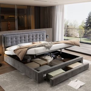 Lit coffre 160x200 cm, lit double rembourré, lit adulte avec tiroir, sommierà lattes et fonction de rangement, tissu en velours, gris, sans matelas