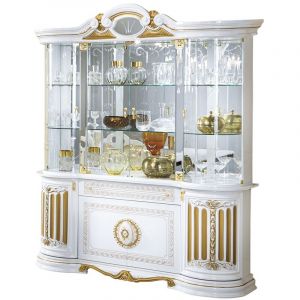 Vitrine 8 portes 1 tiroir bois vernis laqu&eacute; brillant blanc et dor&eacute; Lesly 173cm