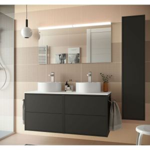 Abitare - Meuble de salle de bain suspendu 120 cm en bois noir mat avec double vasque - Olympus - 120 cm Avec double miroir et lampe led