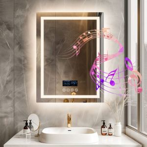 Luvodi &ndash; Miroir lumineux de salle de bain 60x80 cm &ndash; Bluetooth avec haut-parleurs &ndash; Anti-bu&eacute;e &ndash; Affichage heure et temp&eacute;rature &ndash; 3 couleurs LED