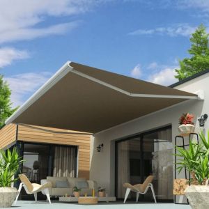 Store banne coffre intégral celeste 5,00x3,00 m (Motorisé Secours à Télécommande + led - Blanc satiné RAL9010 - Taupe)