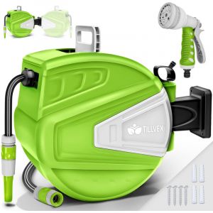 tillvex Enrouleur de Tuyau d'arrosage 30+2m Vert pour Jardin - avec support mural + poign&eacute;e D&eacute;vidoir pour tuyau avec pistolet &agrave; eau et tuyau