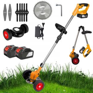 Tondeuse &agrave; gazon &eacute;lectrique sans fil 1500W, 12000 tr/min, pliable et r&eacute;glable, Outils de taille de jardin avec 3 types de lames et 2 batteries