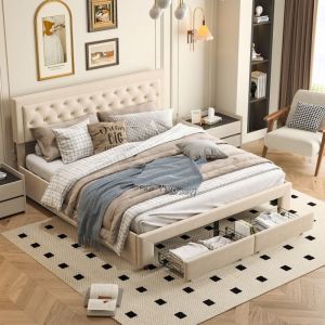 Lit coffre tiroir 160x200, lit coffre avec sommier à lattes, lit adulte 160x200, lit double capitonné avec 2 tiroirs, velours, Beige