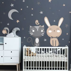 Stickers muraux Sticker Mural Autocollant - CHAT, LAPIN ET OISEAUX AU CLAIR DE LA LUNE - Stickers adhésifs - 145x110cm