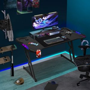 Vingo - swanew Bureau Gaming Table de Gaming 140x60cm pc Gamer avec Tapis de Souris, Porte-gobelet et Crochet Adapté au Bureau Maison - met