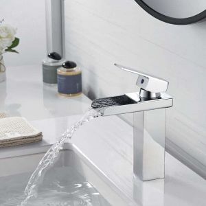 YMYNY Robinet Salle Bain Cascade Chrom&eacute; Mitigeur Lavabo en Laiton Moderne Carr&eacute; Robinet Lavabo Bec Large Mitigeur Salle de Bain Robinet Lave Main