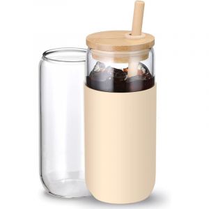 Gobelet isotherme en verre de 590 ml avec manchon de protection en silicone, paille et couvercle en bambou, id&eacute;al pour le caf&eacute; glac&eacute; (1 unit&eacute;) (Ambre)