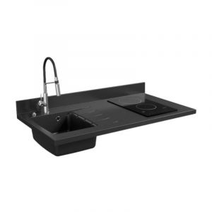 Plan de travail monobloc PlaniQuartz avec &eacute;vier - 120 cm - Nero - &eacute;vier &agrave; gauche - Plaque de cuisson Vitroc&eacute;ramique