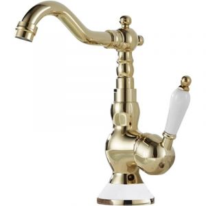 Robinet de lavabo &agrave; poign&eacute;e unique et col de cygne, pivotant &agrave; un trou, robinet d'eau chaude et &agrave; eau froideo,or,court, base et poign&eacute;e en c&eacute;ramique