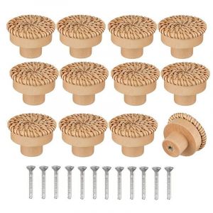 KZQ - Lot de 12 boutons de commode ronds en rotin de style bohème - Fabriqués à la main - Avec vis - Pour meubles en bois - Pour commode, tiroirs,