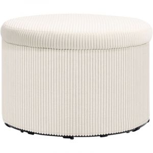 Pouf coffre rangement, tabouret rond, pouf repose-pieds en velours c&ocirc;tel&eacute;, charge 120 Kg, &Oslash; 60 x 41 cm, beige