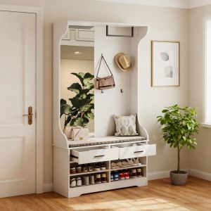 Porte manteau blanche multifonctionnelle avec miroir, crochets et tringle &agrave; v&ecirc;tements, tiroirs et &eacute;tag&egrave;re &agrave; chaussures &ndash; un meuble de rangement