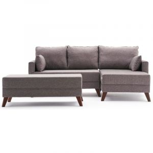 Petit canap&eacute; convertible d'angle droit avec pouf tissu marron clair Kandy 205cm