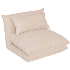 Fauteuil modulable chauffeuse en velours c&ocirc;tel&eacute; ivoire - Longueur 85 x Profondeur 74 x Hauteur 59 cm