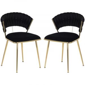 Lot de 2 Chaises, velours, avec dossier tress&eacute; et pieds en m&eacute;tal dor&eacute;, Dossier rond tress&eacute;, Scandinave - Fauteuil de cuisine de salon - Noir