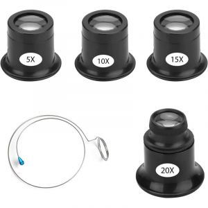 Lot de 4 Loupes de Bijoutier Loupe D'horloger 5X 10X 15X 20X Oeil Portant des Loupes Bijoutier avec Porte-Fil Montre Horloge R&eacute;paration Loupe Kits