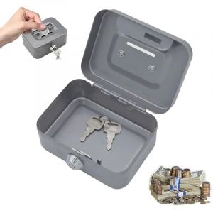 Petite Caisse Forte, Caisse avec Serrure à Clé, Argentée Caisse à monnaie, 11,5 x 8,5 x 5,8 cm, Caisse en Acier Tirelire avec Fente pour Pieces,