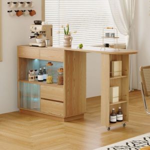 Urban Meuble - Table de bar bureau avec &eacute;tag&egrave;re avec &eacute;clairage led et plateau pivotant extensible en forme l