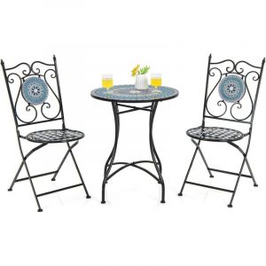 Ensemble Bistrot pour Patio 3 Pièces en Métal à Motif Mosaïque, Salle à Manger avec Table Ronde et 2 Chaises Pliantes, Ensemble Salon de Jardin pour