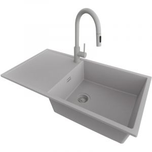 PRIMAGRAN Evier Cuisine en Granit 90x50cm,Lavabo 1 bac + Robinet 40x20cm + Kit de Vidage, &Eacute;vier &agrave; Encastrer au meuble 60cm - Ibiza, Gris