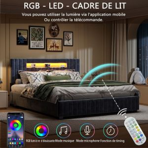 Lit coffre 140x200cm,lit double avec chargement USB,lit de rangement hydraulique,tête de lit avec rangements et bande lumineuse LED,lit