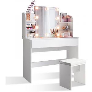 Coiffeuse avec Miroir et Tabouret led 1 Tiroir, 4 Compartiments de Rangement Miroir - 108x40x140cm - Coiffeuse avec 10 Ampoules led