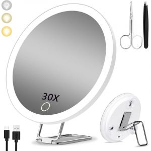 Miroir grossissant avec lumière 30X, 15cm 3 Modes de Couleur Dimming Miroir de Maquillage Lumineux 30X, Grand Miroir Grossissant de Voyage
