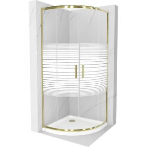Cabine de douche Mexen Rio semi-circulaire 90 x 90 cm, rayures, dor&eacute;e + receveur Flat, blanc - 863-090-090-50-20-4110G