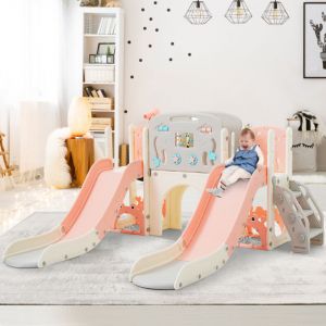 Toboggan 8 en 1 pour enfants avec panier de basket, tunnel en arche et t&eacute;lescope, structure d'escalade, double toboggan, pehd, rose