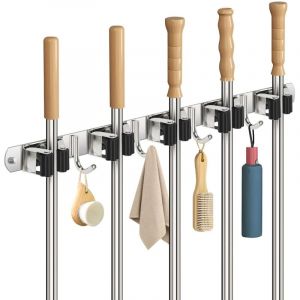 Accroche Balai Mural, Porte Balais Mural en Acier Inoxydable, Support Balais Mural avec 5 Supports et 4 Crochets, Accroche Balai pour Cuisine, Salle