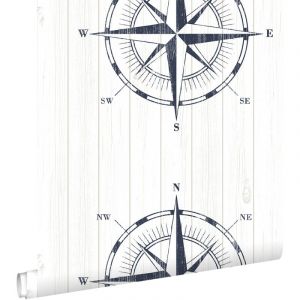 Estahome - papier peint rose des vents sur du bois de rebut bleu fonc&eacute; et blanc