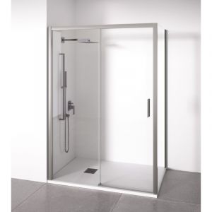 Paroi de douche angulaire 1 coulissante + 2 fixes - Verre 6mm - Argent Brillant - Largeur 115-120 x 67-70cm - Porte droite - Hauteur 195cm