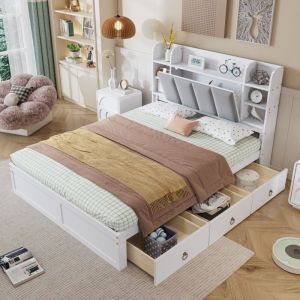 Lit double 140x200CM, lit adulte avec tiroirs, lit enfant/adolescent, tête de lit avec rangement, pin+MDF, blanc+gris, sans matelas