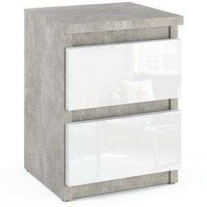 Table de chevet - table de chevet avec 2 tiroirs - aspect béton / blanc brillant H40cm L30cm P30cm