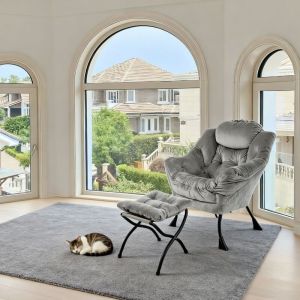 Fauteuil relax avec repose-pieds pliant et pouf,, fauteuil de relaxation, pieds en m&eacute;tal, tissu en polyester - convient pour le salon et la chambre,