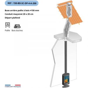 Kit tubage et raccordement poele a bois, buse diam. 150mm sortie dessus-Flexible l. 4m pour boisseau carre, depart plafond-Raccordement droit, l. max