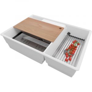 PRIMAGRAN Evier Cuisine en Granit 78x53cm,Lavabo 2 bacs + Kit de Vidage + Accessoires, &Eacute;vier &agrave; Encastrer au meuble 80cm - Paris, Blanc