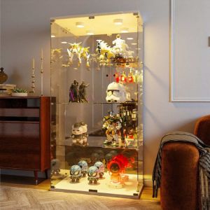 Vitrine Verre Trempé 4 Étagères, Design Moderne avec Poignée Métal et Fermeture à Clé, éclairage réglable, base blanc, 80.5x36.5x164 cm