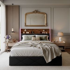 Lit Coffre 140x200 cm Style Industriel - T&ecirc;te de Lit avec Rangement - LED RGB et Station de Charge USB A+C - Cadre de Lit en Similicuir Noir et Bois