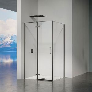Grand Verre - Cabine de douche avec porte &agrave; charni&egrave;res et paroi lat&eacute;rale hauteur 195cm profil&eacute;s en alu noir mat 140x70