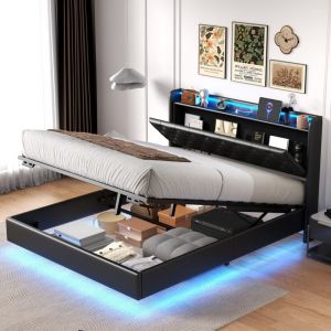 Lit coffre 160x200 cm, lit suspendu, avec &eacute;clairage LED, fonction de charge USB, rangement de chevet, PU, ​​sommier &agrave; lattes, convient aux adultes et