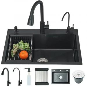 &Eacute;vier de Cuisine Noir en Acier Inoxydable &Eacute;vier Simple avec Robinet Extensible Grand Cuve 1 Bac Distributeur de Savon Panier &eacute;goutteur (55 45CM)Evier